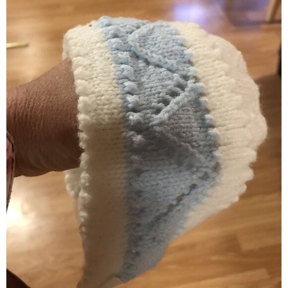 Hand-Knitted Baby Set Jacket Booties & Hat In White & Blue Cute Warmth For Lil's - Picture 4 of 11